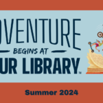Summer Reading logo on orange background. Kids riding bikes around an open book.