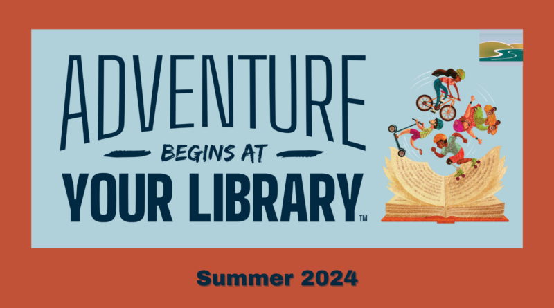 Summer Reading logo on orange background. Kids riding bikes around an open book.