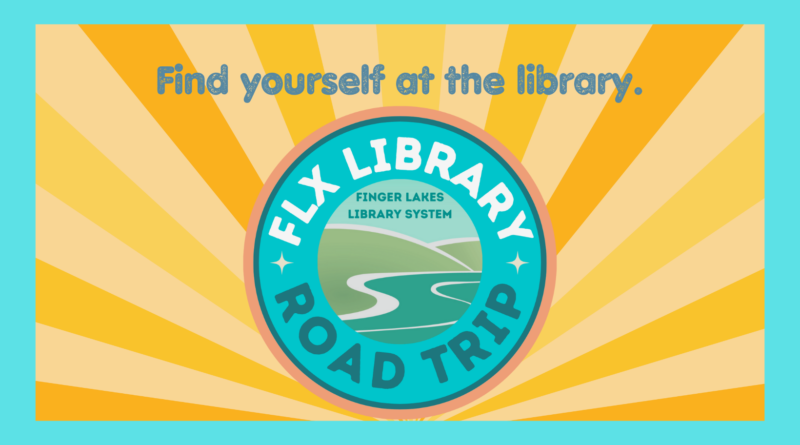 FLX Library Road Trip logo on sunburst background. Text reads Find Yourself at the Library.