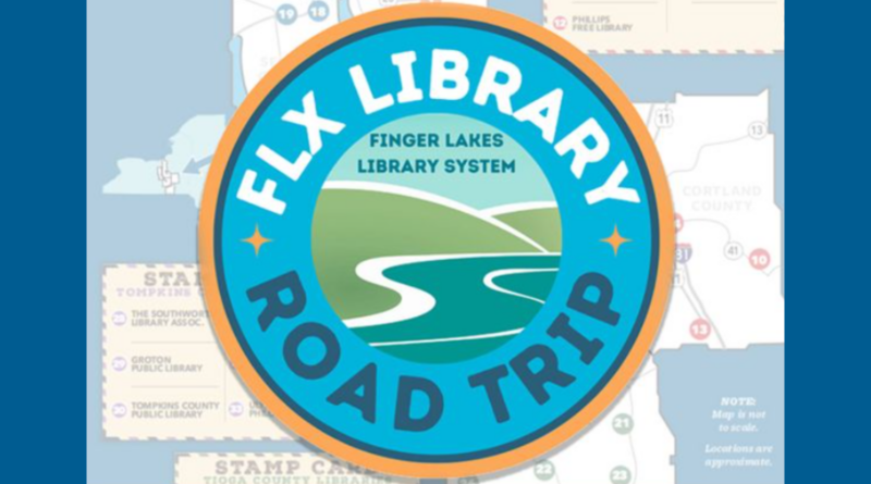 FLX Library Road Trip Circle logo on faded map of the service area