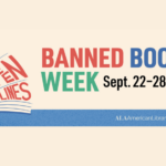 Banned Books Week logo of book with open pages with the words "Freed Between the Lines"