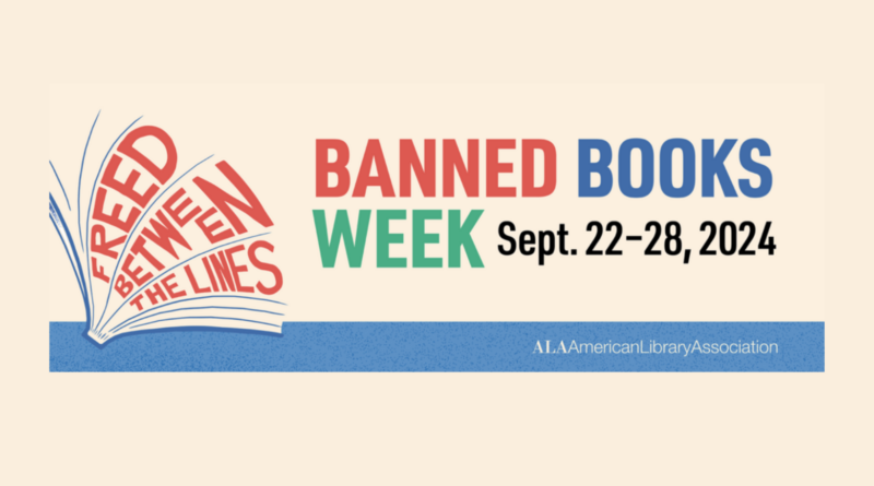 Banned Books Week logo of book with open pages with the words "Freed Between the Lines"